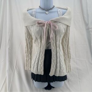 Cottage core Vintage Y2K Cable Knit Shawl Collar Sweater Cream